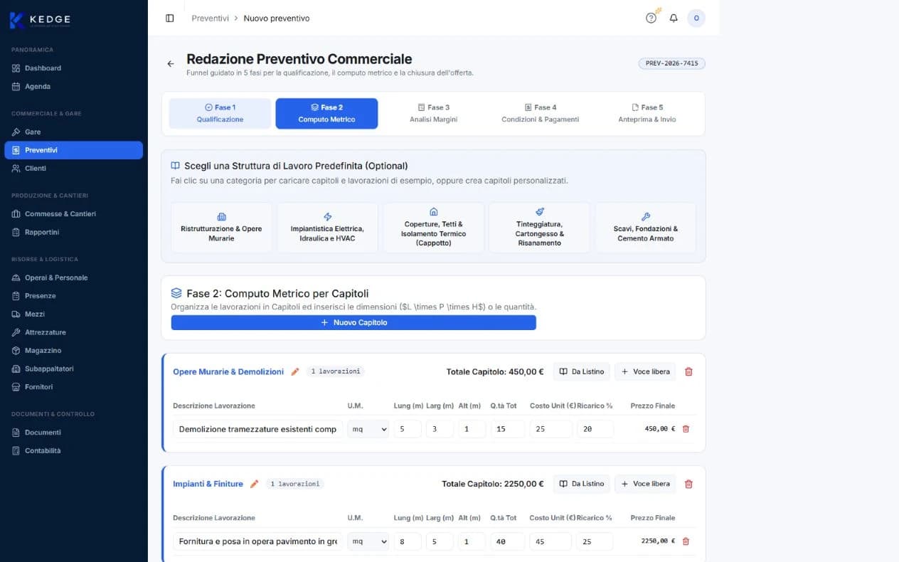 KEDGE, redazione di un preventivo commerciale: percorso in cinque fasi e computo metrico organizzato per capitoli e lavorazioni.