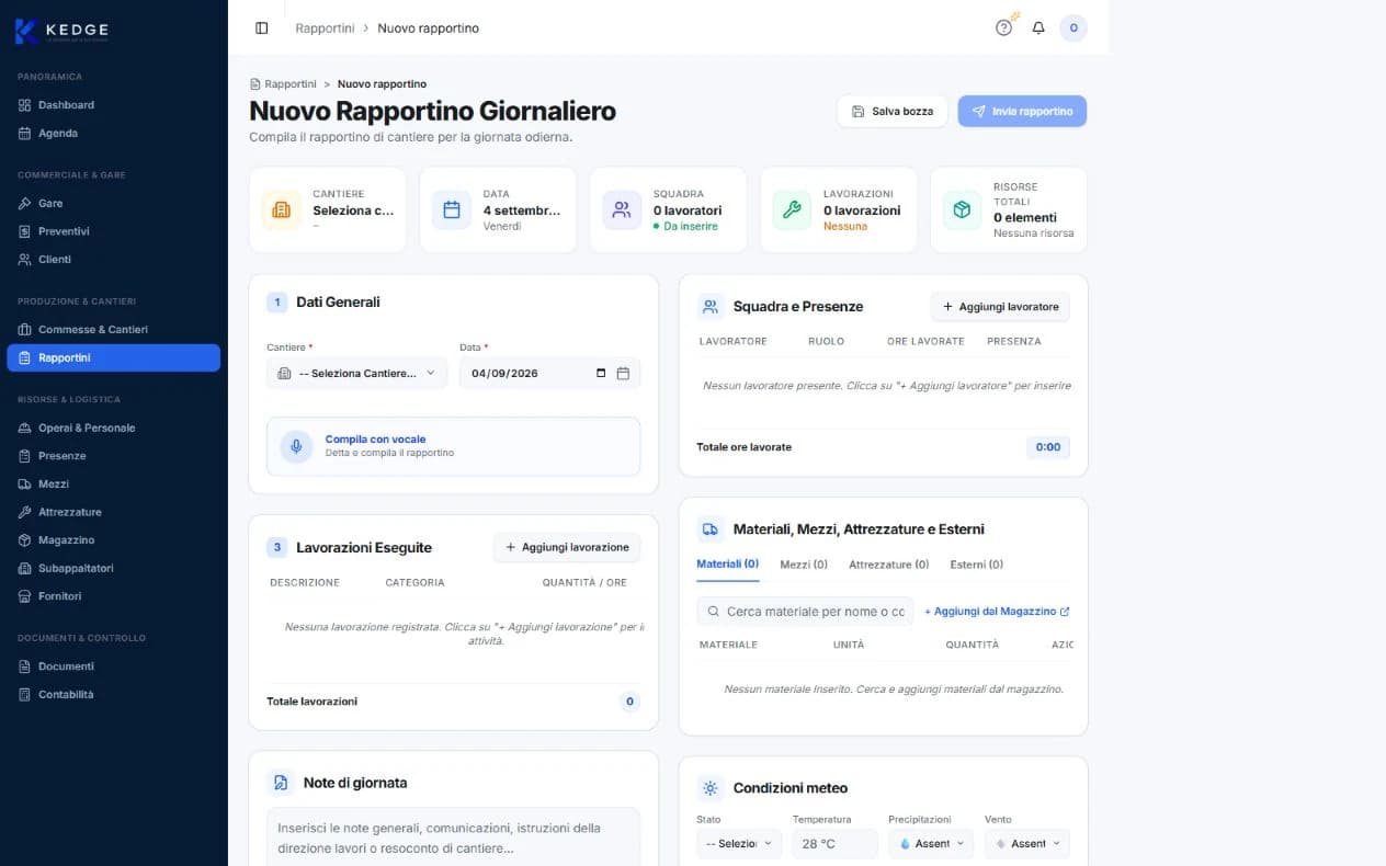 KEDGE, compilazione di un nuovo rapportino giornaliero con dati generali, squadra e presenze, lavorazioni eseguite, materiali e mezzi.